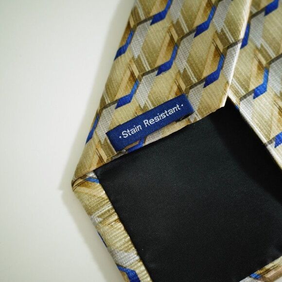 John Ashford Yellow Blue Geometric Abstract Jacquard Print Silk Tie - Picture 4 of 7